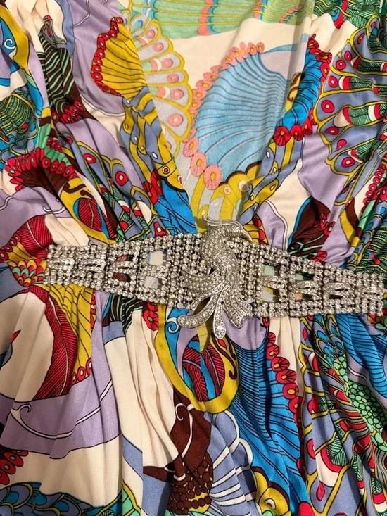 Sky Peacock Colorful Print Crystal Encrusted Bird Belt mini dress Small - Picture 2 of 5